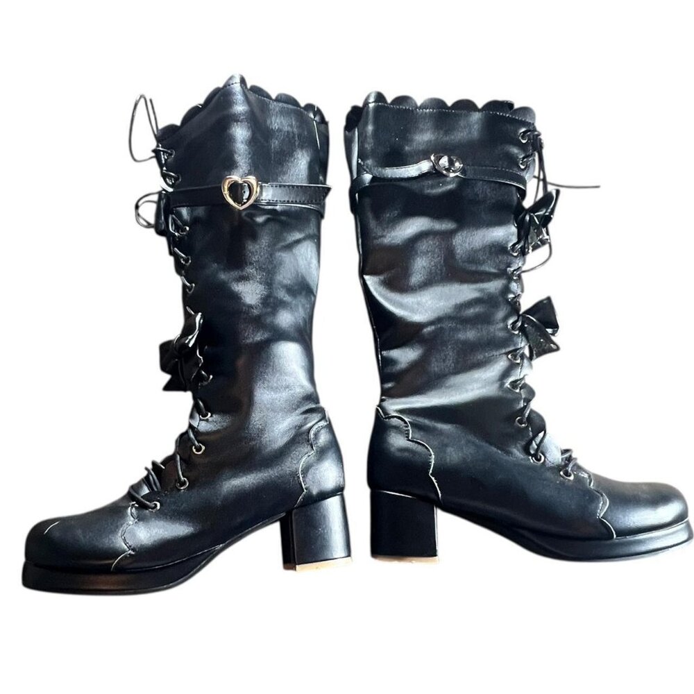 Black Gothic Lace-Up Boots w/ Bow Details + Heart Buckle